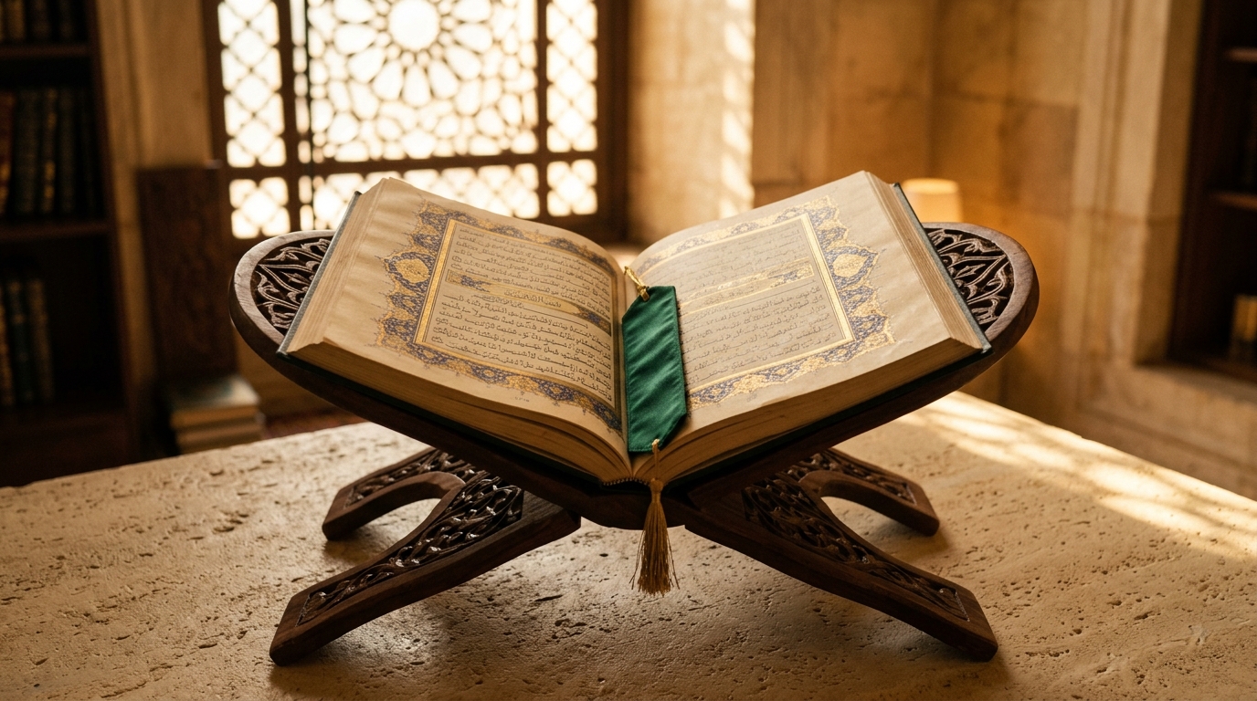 Open Holy Quran on a wooden stand with warm golden light